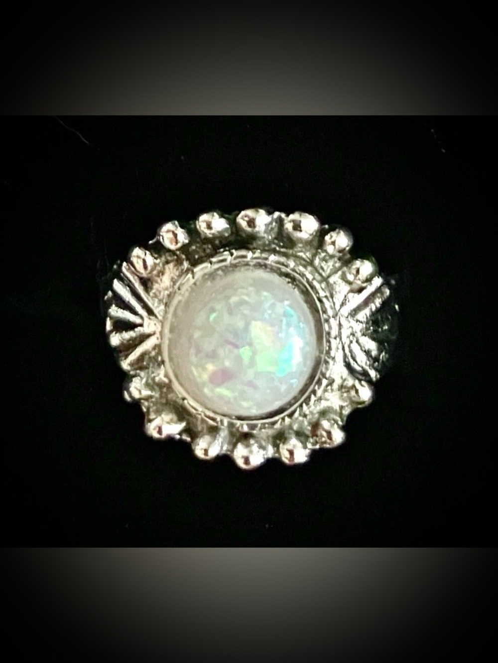 Round white Opal silver tone ring
